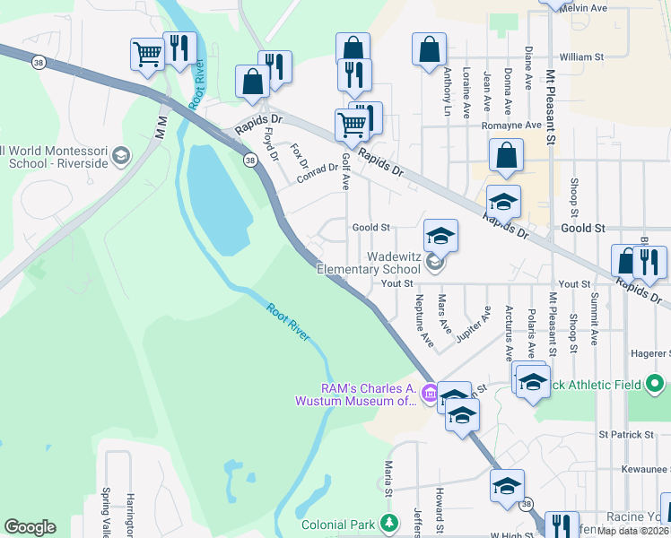 map of restaurants, bars, coffee shops, grocery stores, and more near 3118 Northwestern Avenue in Racine