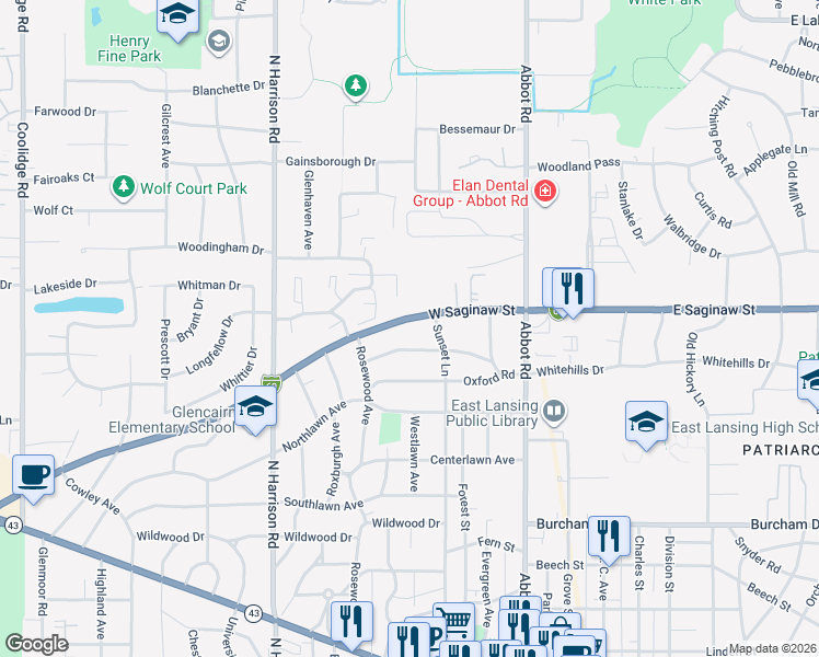 map of restaurants, bars, coffee shops, grocery stores, and more near 410 West Saginaw Street in East Lansing