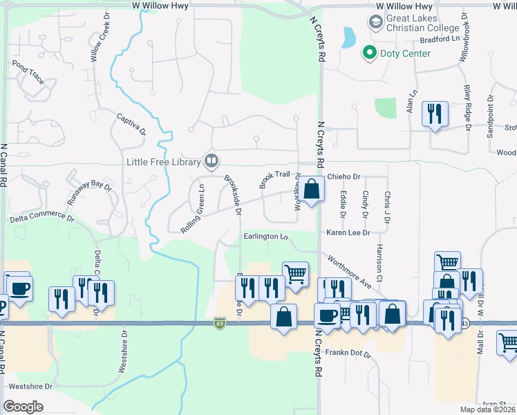 map of restaurants, bars, coffee shops, grocery stores, and more near 1214 Brookside Drive in Lansing