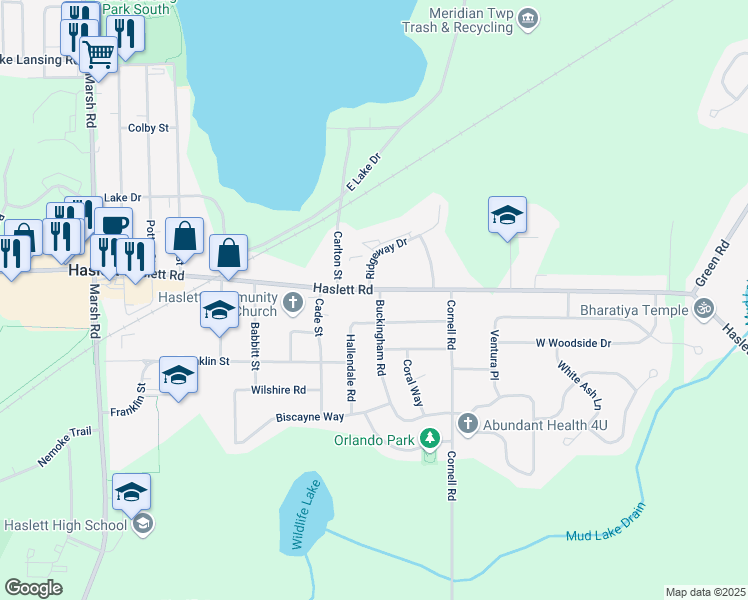 map of restaurants, bars, coffee shops, grocery stores, and more near 1322 Haslett Road in Meridian charter Township