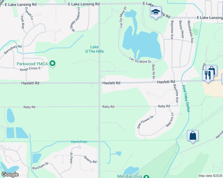 map of restaurants, bars, coffee shops, grocery stores, and more near in Meridian charter Township