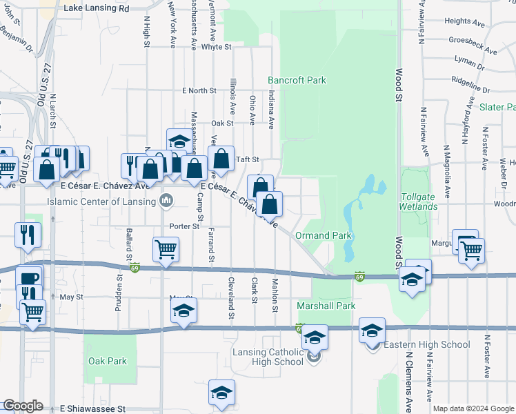 map of restaurants, bars, coffee shops, grocery stores, and more near 1331 East Grand River Avenue in Lansing