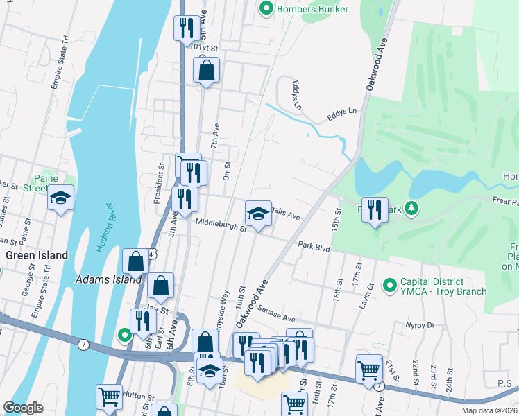 map of restaurants, bars, coffee shops, grocery stores, and more near 98 Ingalls Avenue in Troy