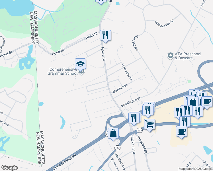 map of restaurants, bars, coffee shops, grocery stores, and more near 76 Howe Street in Methuen