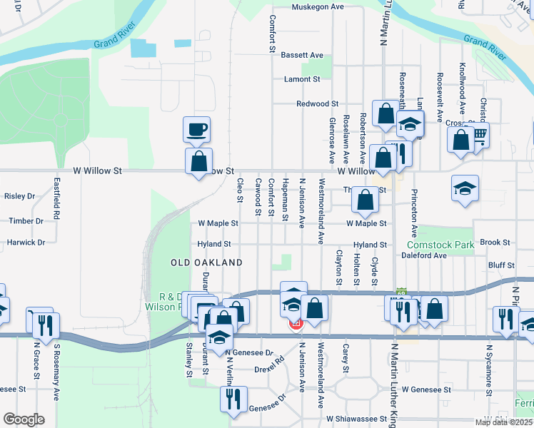 map of restaurants, bars, coffee shops, grocery stores, and more near 1132 Comfort Street in Lansing