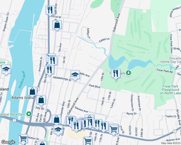 map of restaurants, bars, coffee shops, grocery stores, and more near 12 Farview Avenue in Troy