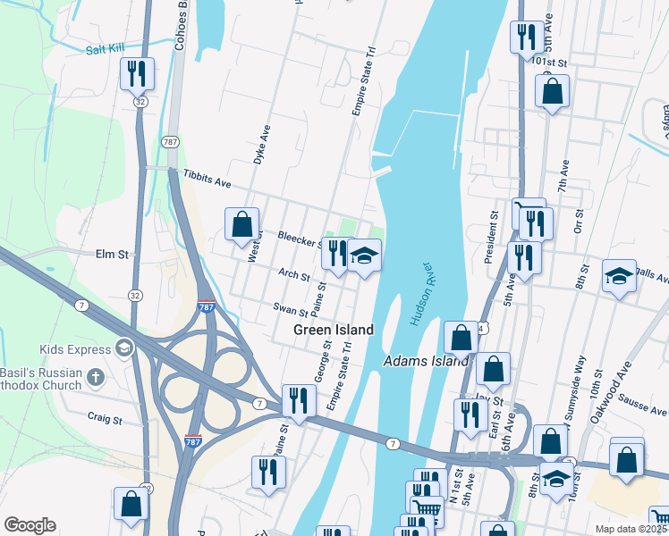map of restaurants, bars, coffee shops, grocery stores, and more near 187 Paine Street in Troy