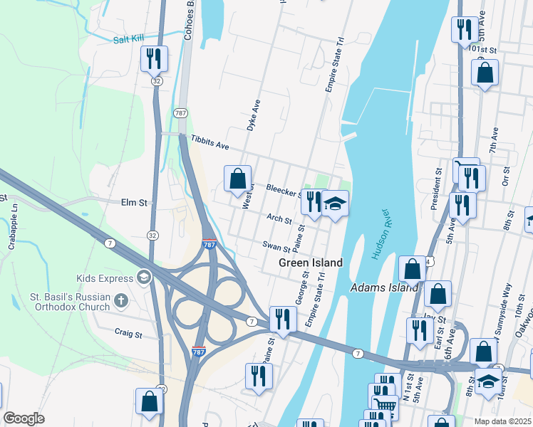 map of restaurants, bars, coffee shops, grocery stores, and more near 69 James Street in Green Island