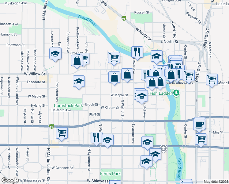 map of restaurants, bars, coffee shops, grocery stores, and more near 1124 North Chestnut Street in Lansing