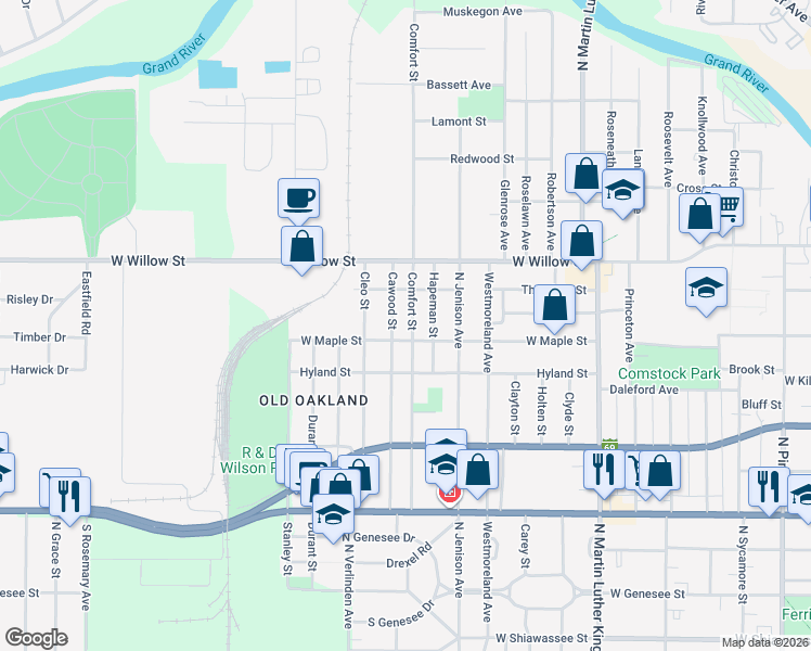 map of restaurants, bars, coffee shops, grocery stores, and more near 1132 Comfort Street in Lansing