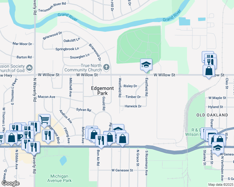 map of restaurants, bars, coffee shops, grocery stores, and more near 1130 Westfield Road in Lansing