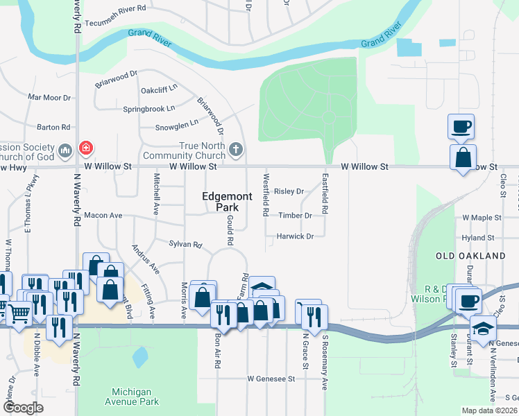 map of restaurants, bars, coffee shops, grocery stores, and more near 1130 Westfield Road in Lansing