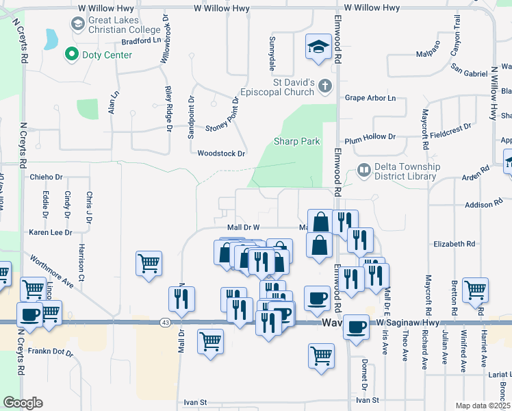 map of restaurants, bars, coffee shops, grocery stores, and more near 5400 Mall Drive West in Lansing