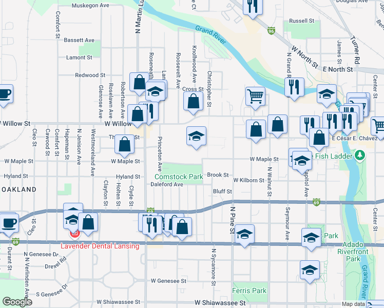 map of restaurants, bars, coffee shops, grocery stores, and more near 730 West Maple Street in Lansing