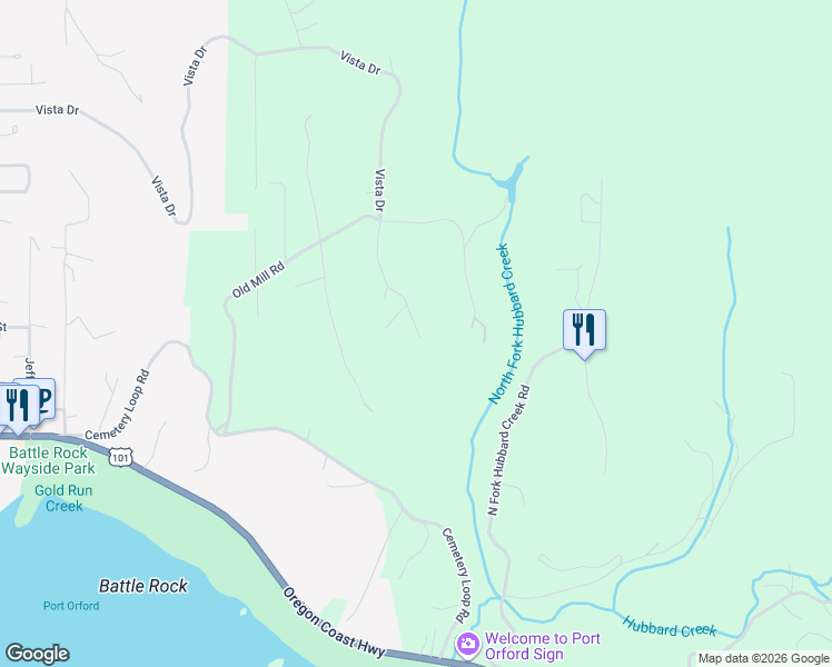 map of restaurants, bars, coffee shops, grocery stores, and more near 41994 Humbug Way in Port Orford