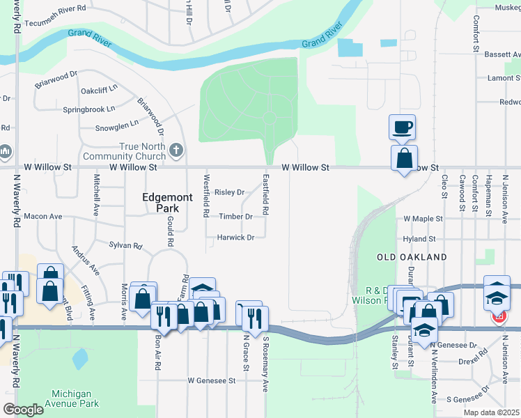 map of restaurants, bars, coffee shops, grocery stores, and more near 1131 Eastfield Road in Lansing