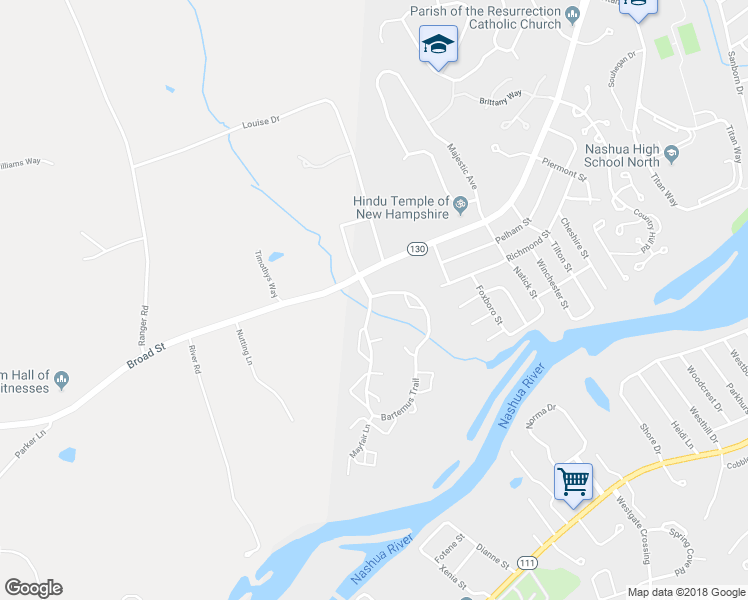 map of restaurants, bars, coffee shops, grocery stores, and more near 290 Bartemus Trail in Nashua