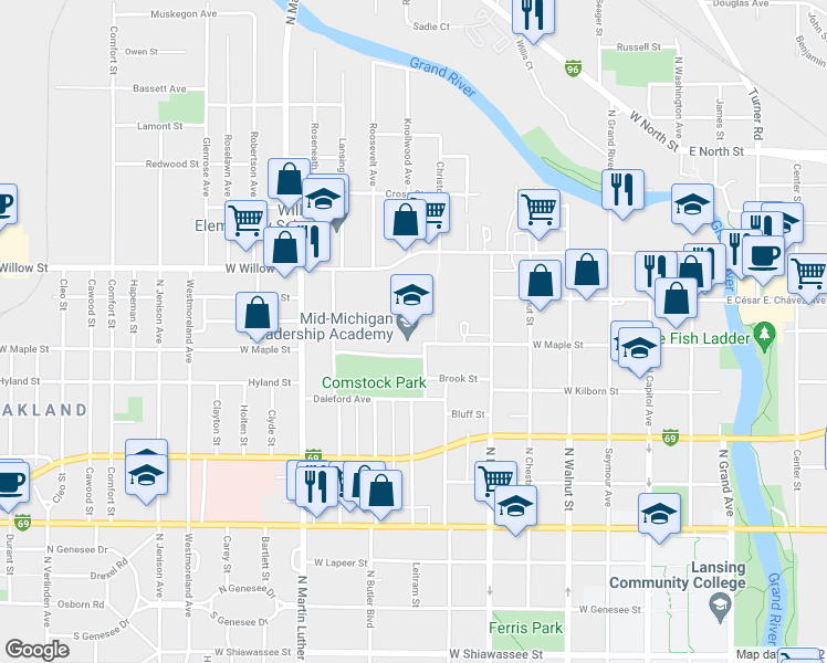 map of restaurants, bars, coffee shops, grocery stores, and more near 730 West Maple Street in Lansing