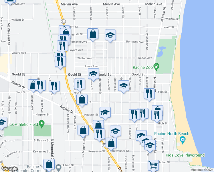 map of restaurants, bars, coffee shops, grocery stores, and more near 2024 Lasalle Street in Racine