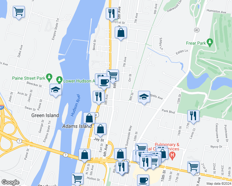 map of restaurants, bars, coffee shops, grocery stores, and more near 40 Ingalls Avenue in Troy