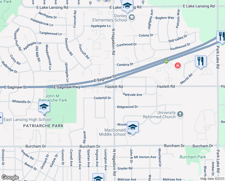 map of restaurants, bars, coffee shops, grocery stores, and more near in East Lansing