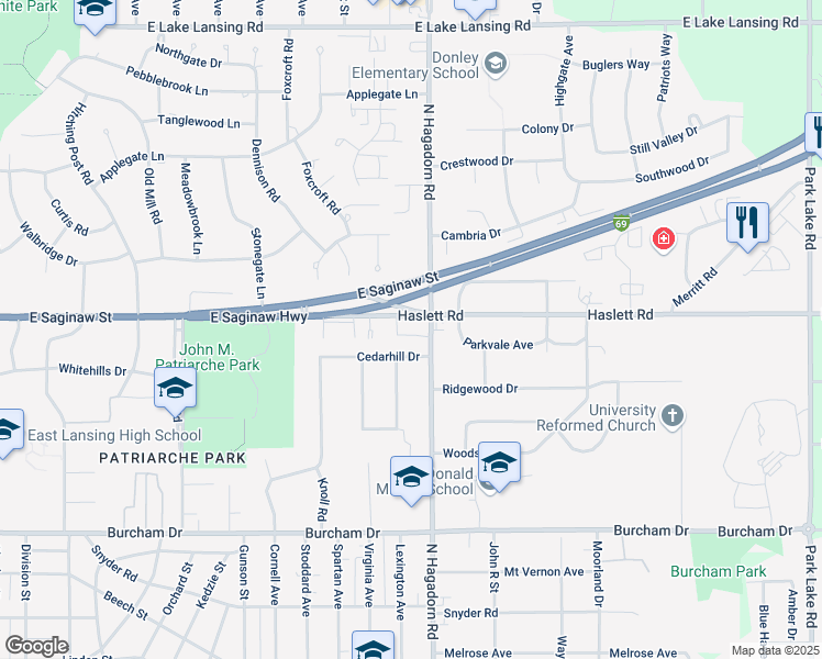 map of restaurants, bars, coffee shops, grocery stores, and more near 1416 Haslett Road in East Lansing