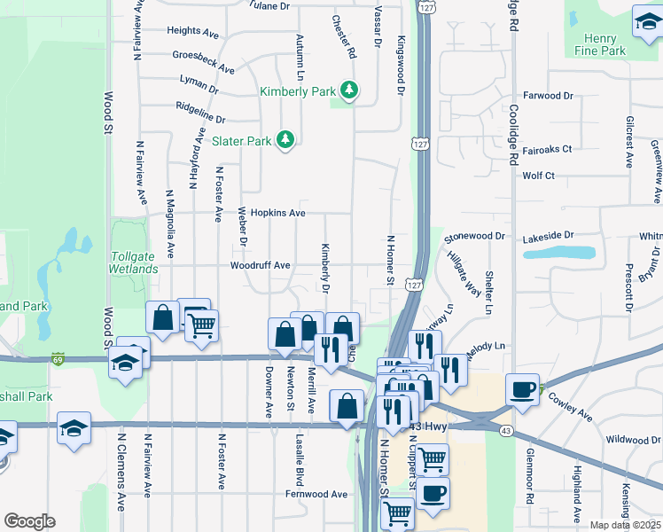map of restaurants, bars, coffee shops, grocery stores, and more near 1209 Kimberly Drive in Lansing