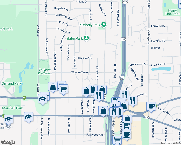 map of restaurants, bars, coffee shops, grocery stores, and more near 1217 Blake Avenue in Lansing