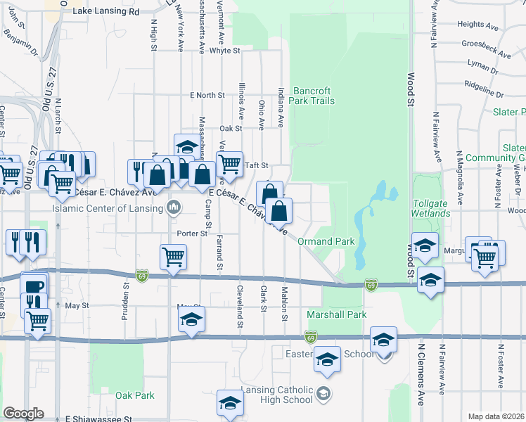 map of restaurants, bars, coffee shops, grocery stores, and more near 1211 Clark Street in Lansing
