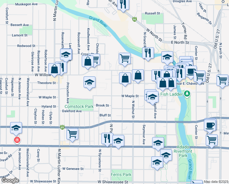 map of restaurants, bars, coffee shops, grocery stores, and more near 1122 North Pine Street in Lansing