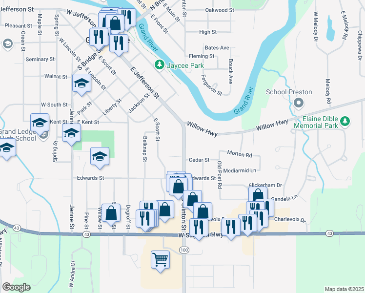 map of restaurants, bars, coffee shops, grocery stores, and more near 215 South Clinton Street in Grand Ledge