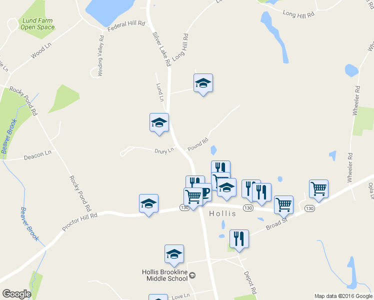 map of restaurants, bars, coffee shops, grocery stores, and more near 11 Pound Road in Hollis