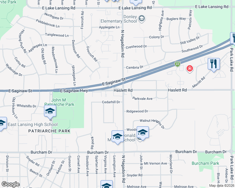 map of restaurants, bars, coffee shops, grocery stores, and more near 1424 Haslett Road in East Lansing