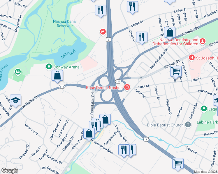 map of restaurants, bars, coffee shops, grocery stores, and more near in Nashua