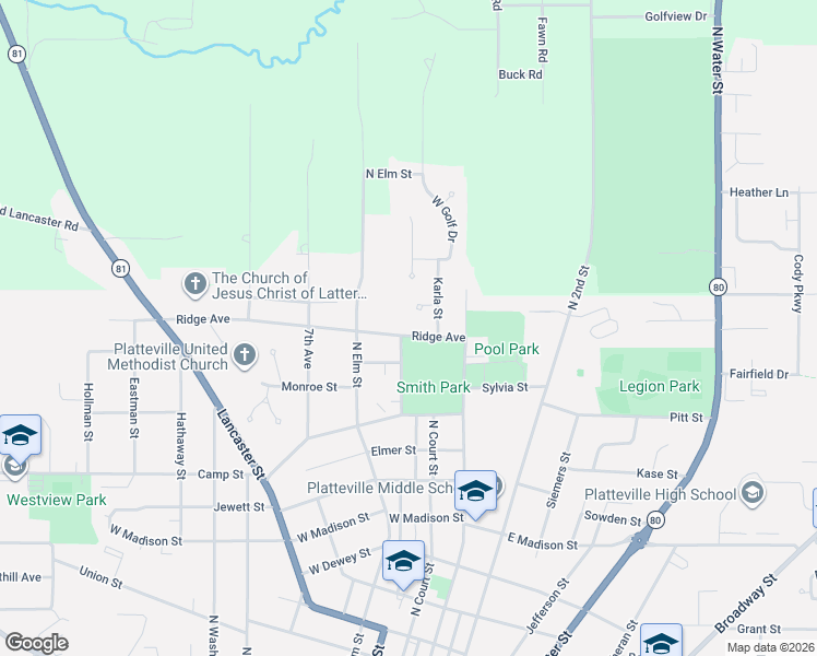 map of restaurants, bars, coffee shops, grocery stores, and more near 220 Ridge Avenue in Platteville