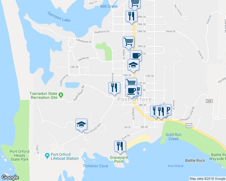 map of restaurants, bars, coffee shops, grocery stores, and more near 1040 Arizona Street in Port Orford