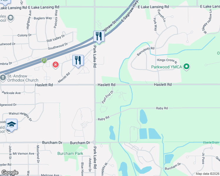 map of restaurants, bars, coffee shops, grocery stores, and more near 5713 Paige Court in East Lansing