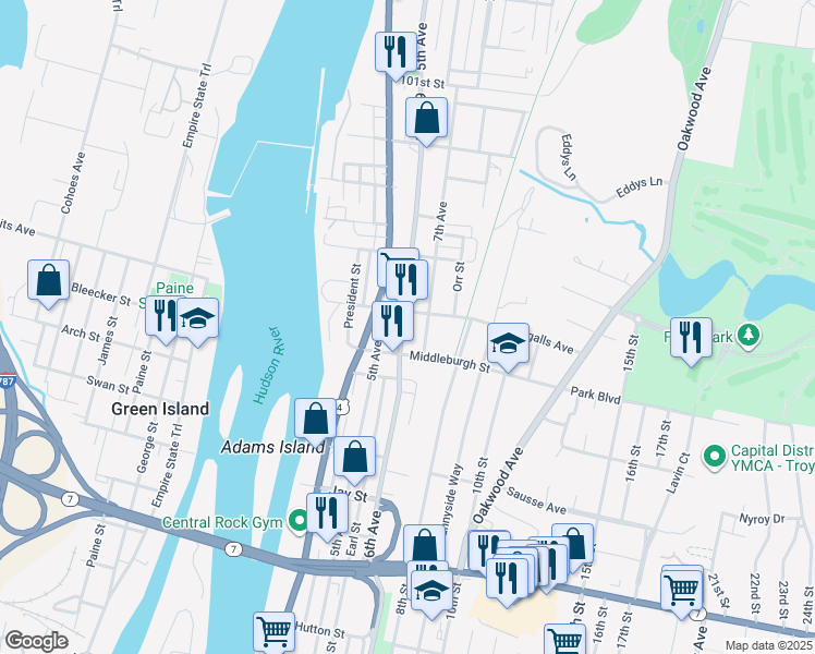 map of restaurants, bars, coffee shops, grocery stores, and more near 40 Ingalls Avenue in Troy