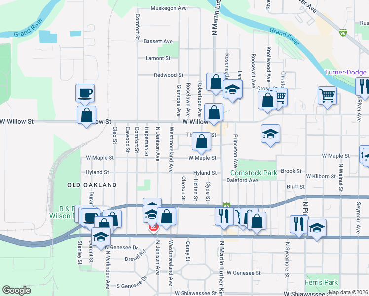 map of restaurants, bars, coffee shops, grocery stores, and more near 1224 Glenn Street in Lansing