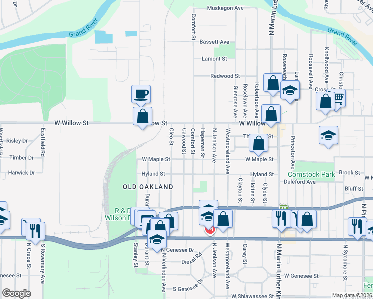 map of restaurants, bars, coffee shops, grocery stores, and more near 1132 Comfort Street in Lansing