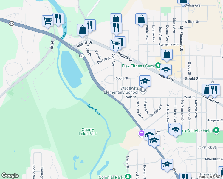 map of restaurants, bars, coffee shops, grocery stores, and more near 3117 Adams Drive in Racine