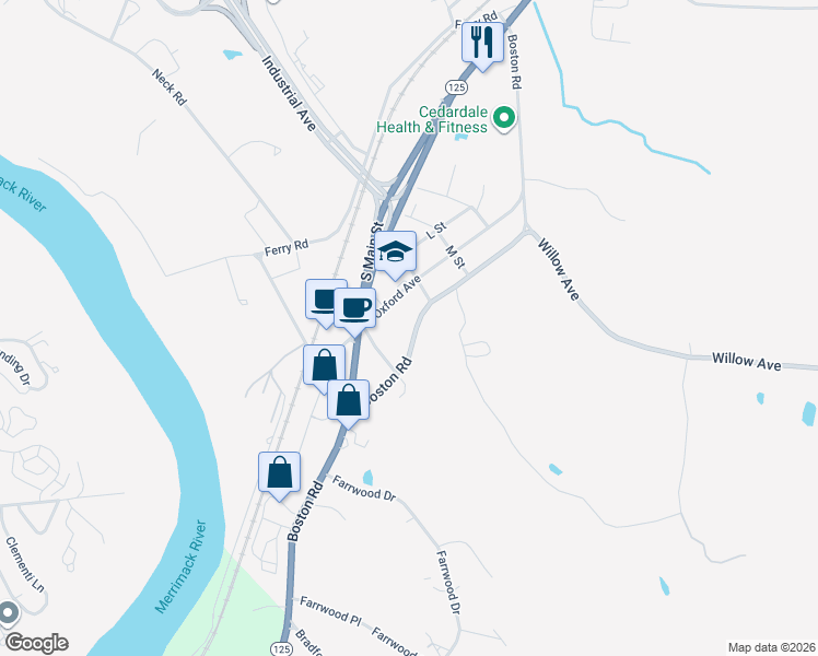 map of restaurants, bars, coffee shops, grocery stores, and more near 1081 Boston Road in Haverhill