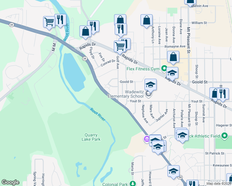 map of restaurants, bars, coffee shops, grocery stores, and more near 3117 Adams Drive in Racine