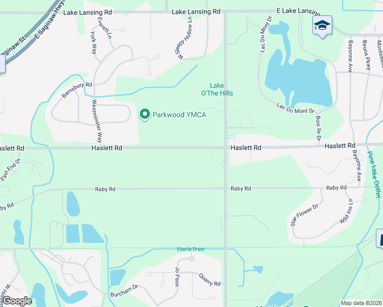 map of restaurants, bars, coffee shops, grocery stores, and more near 2207 Haslett Road in East Lansing