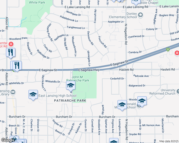 map of restaurants, bars, coffee shops, grocery stores, and more near Saint Thomas Aquinas Road in East Lansing
