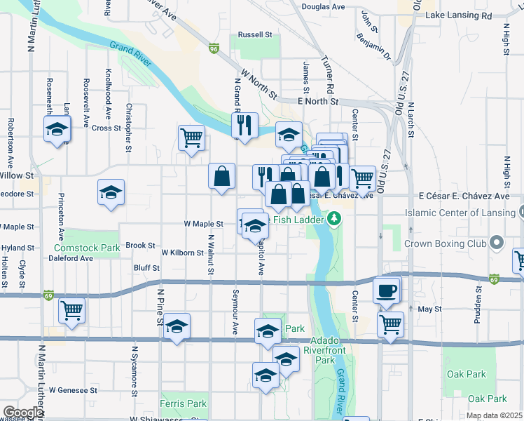 map of restaurants, bars, coffee shops, grocery stores, and more near 1117 North Capitol Avenue in Lansing
