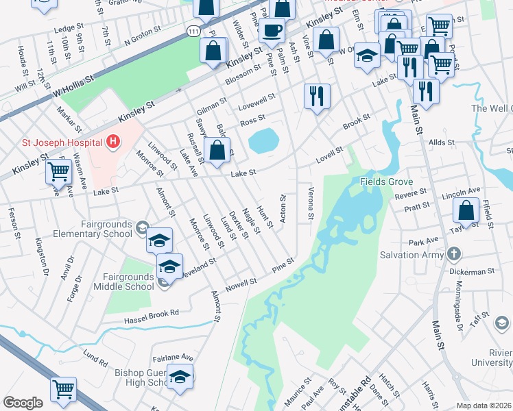 map of restaurants, bars, coffee shops, grocery stores, and more near 22 1/2 Hunt Street in Nashua