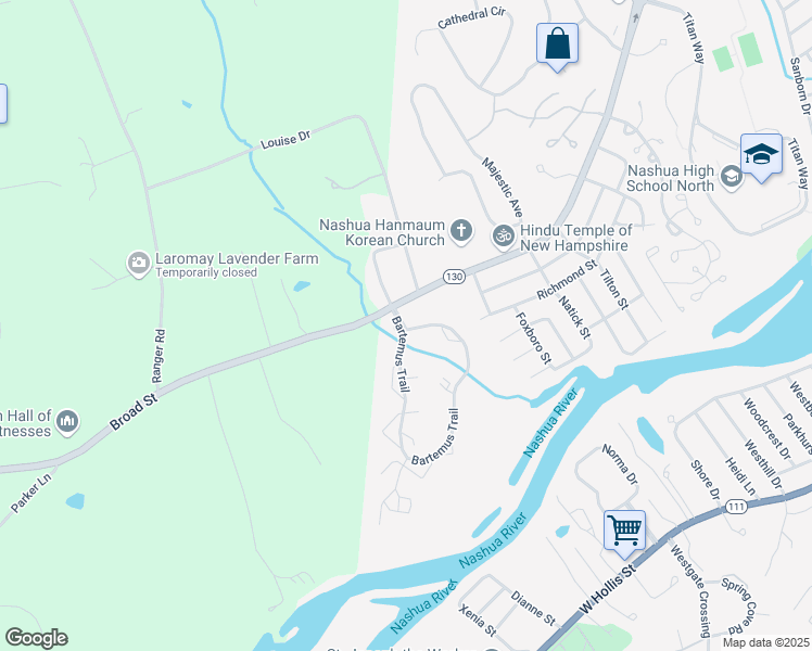 map of restaurants, bars, coffee shops, grocery stores, and more near 606 Broad Street in Nashua