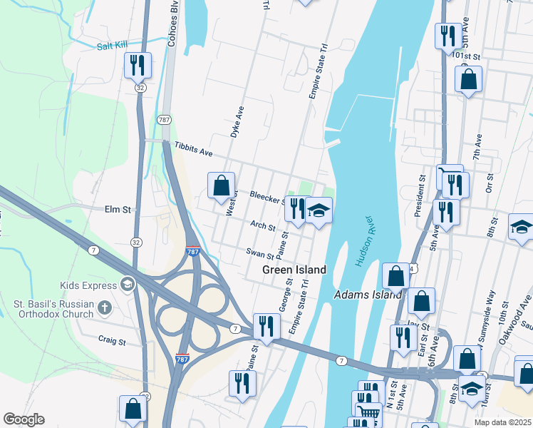 map of restaurants, bars, coffee shops, grocery stores, and more near 69 James Street in Green Island