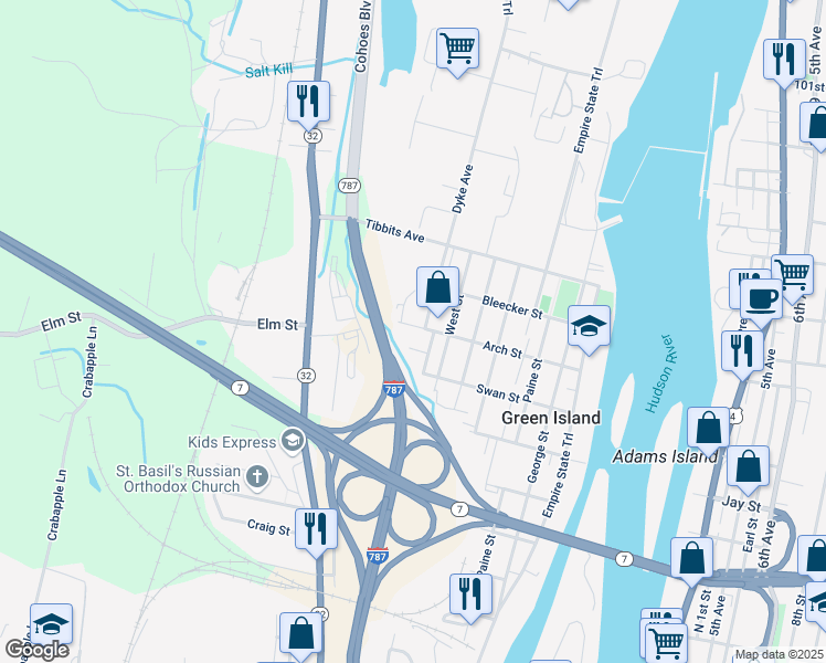 map of restaurants, bars, coffee shops, grocery stores, and more near 69 Arch Street in Green Island